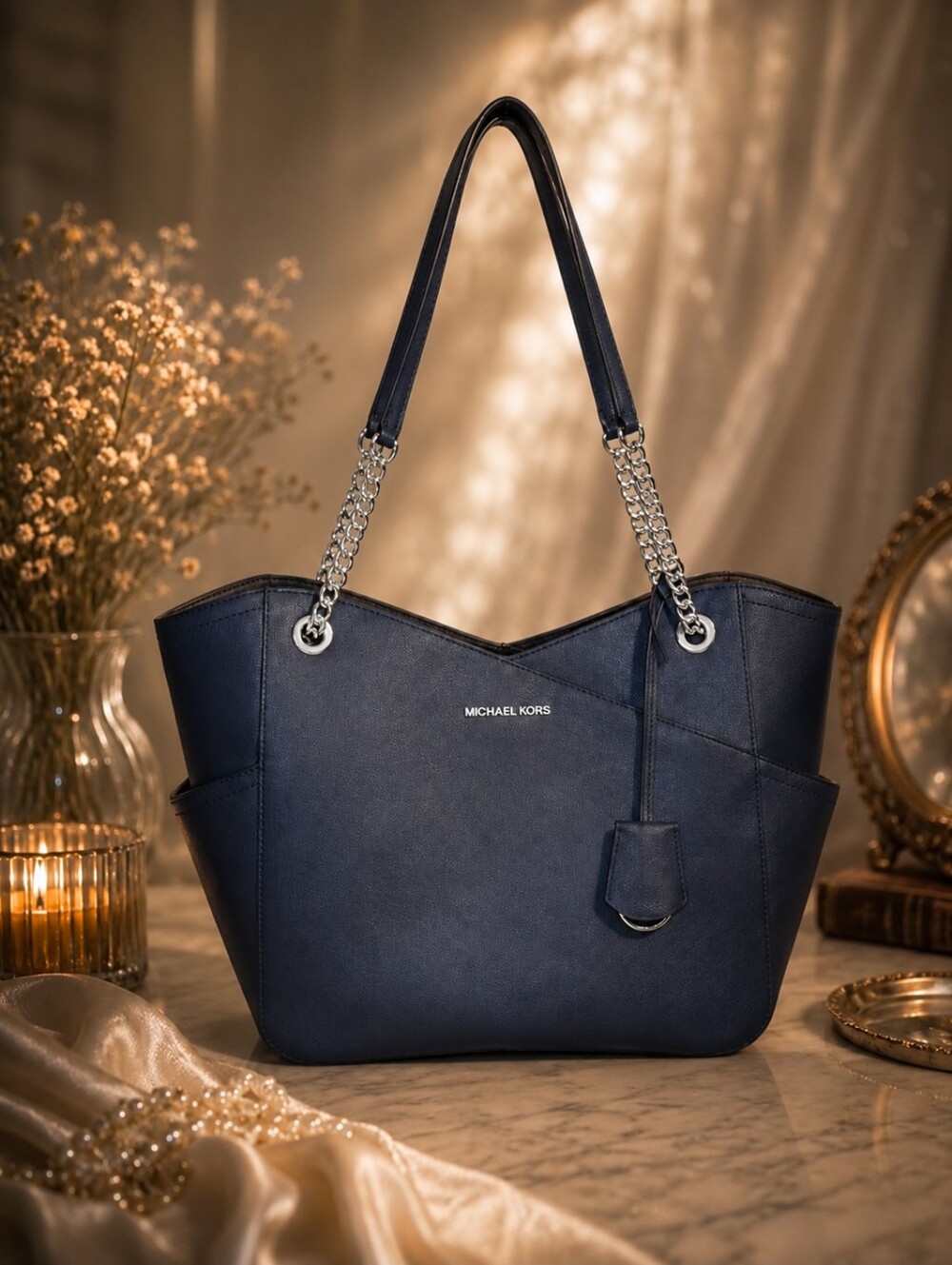 Michael Kors Jet Set Medium Chain Tote Navy Saffiano Leather Shoulder Bag